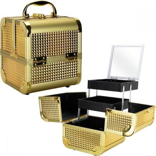 Ver VER VK008-157 Gold Ice Cube 2-Tiers Extendable Trays Cosmetic Makeup Train Case with Mirror & Brush Holder VK008-157